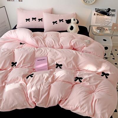 Black Bow Embroidery Duvet Cover 3 Pieces Set Girl Adult Bedroom Pink Decor Quilt Cover Solid Color Bedding with 2 Pillowcases
