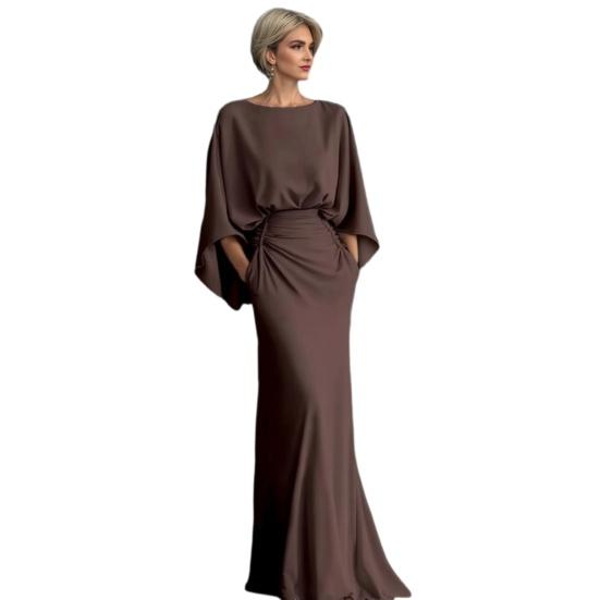 Dames Geplooide Bootnek Bruiloftsgast Jurk, Backless Vleermuis 3/4 Mouw Bodycon Lange Jurk, Formele Feest Cocktail Prom Jurk