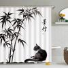 Asian Cat Shower Curtain Japanese Chinese Brush Painting Traditional Oriental Kitty Lover Black Cats Vintage Bathroom Curtain