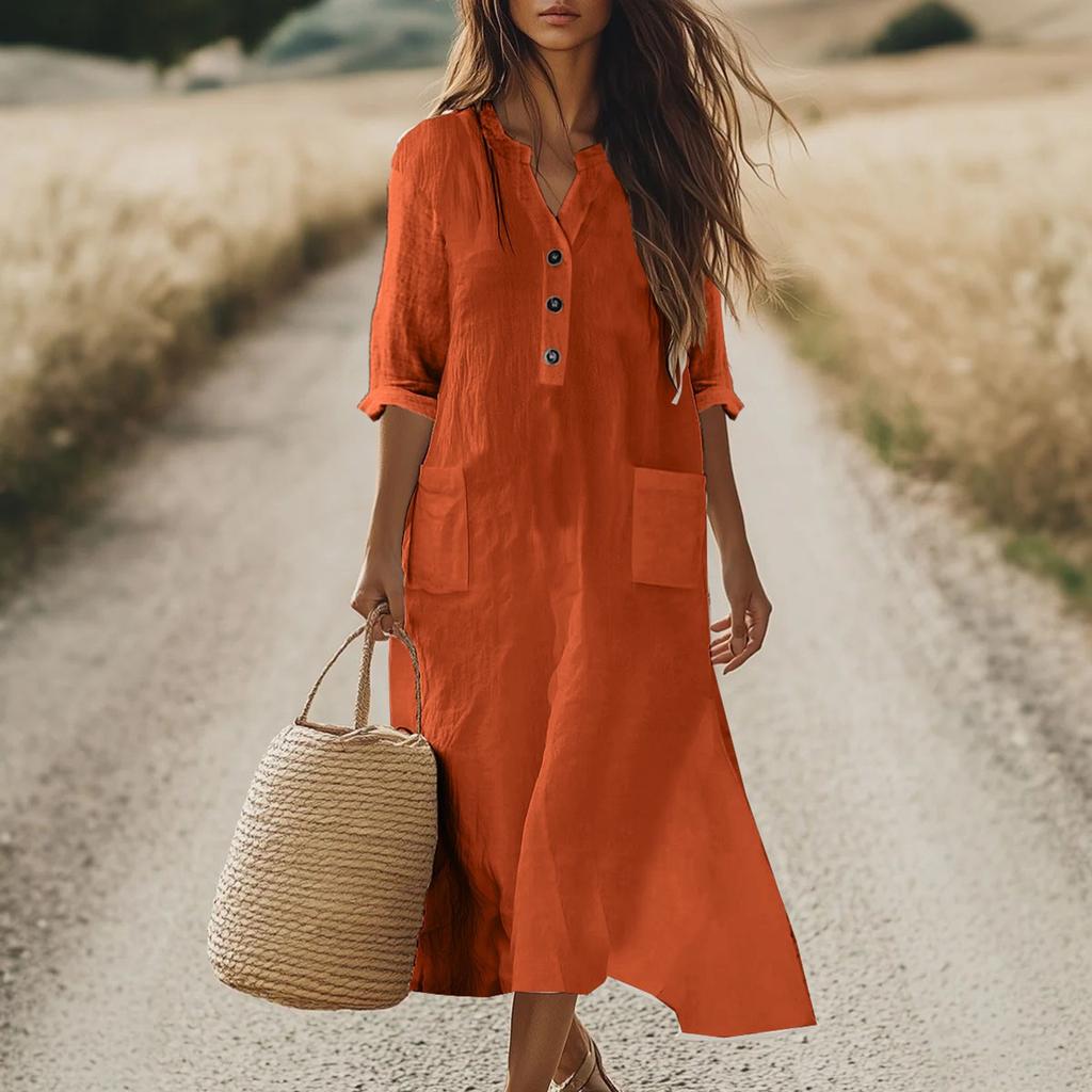 Vestido de Algodón y Lino de Moda y Casual para Mujer