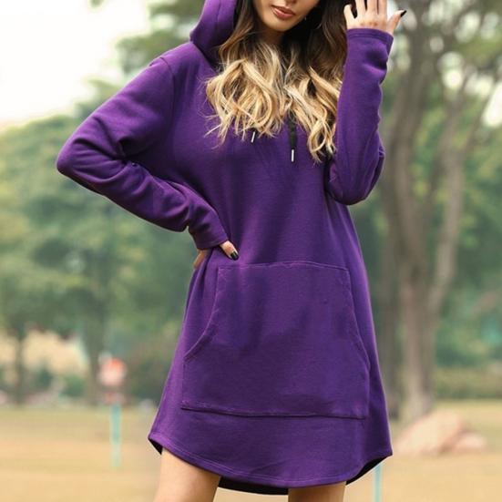 Casual Women Autumn Winter Long Sleeve Pocket Drawstring Loose Hoodie Mini Dress