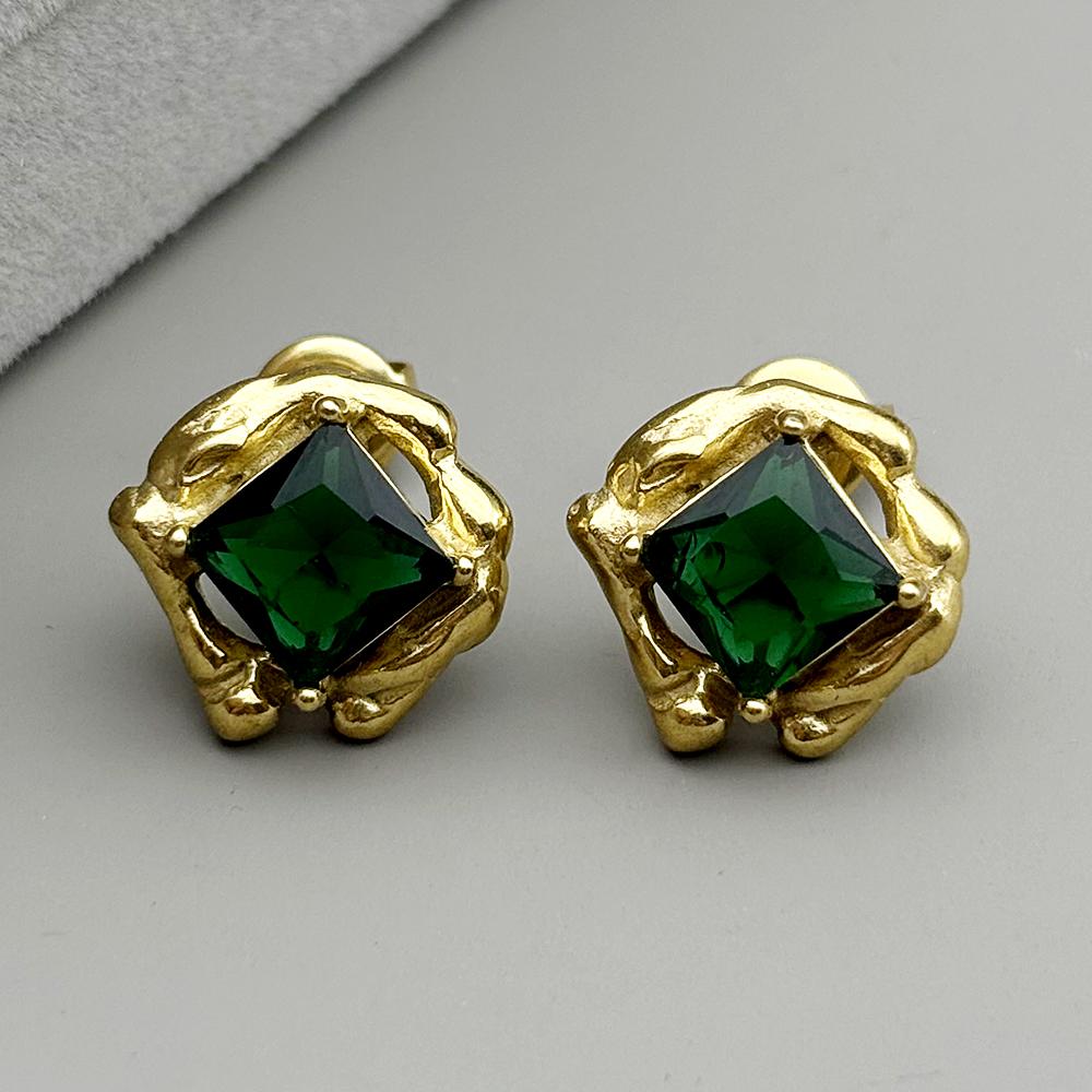 Retro Gold Color Stainless Steel Green Glass Geometric Stud Earrings for Women Men Irregular Earrings Statement Jewelry Gift