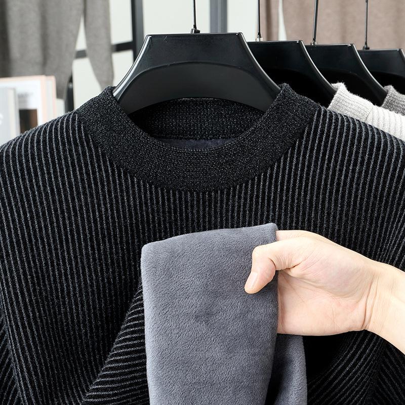 2025 Winter Men's Plus Velvet Round Neck Sweater: Casual, Simple, Warm Knitwear for Middle-Aged Comfort