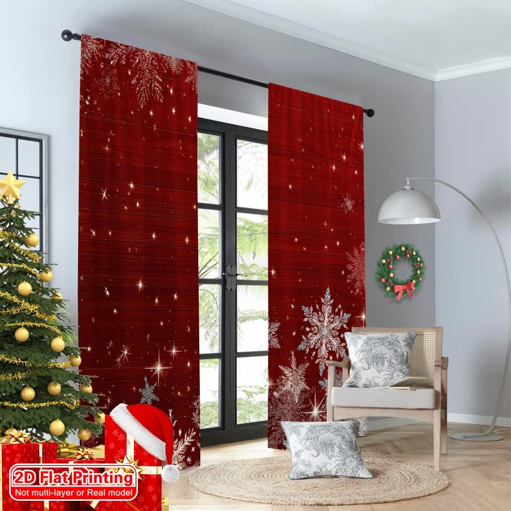 Flat Printing Happy Christmas Party Curtains Red Snowflakes Festive Digital Printed Polyester Drapes Family Curtain Set Of 2 Made Washable