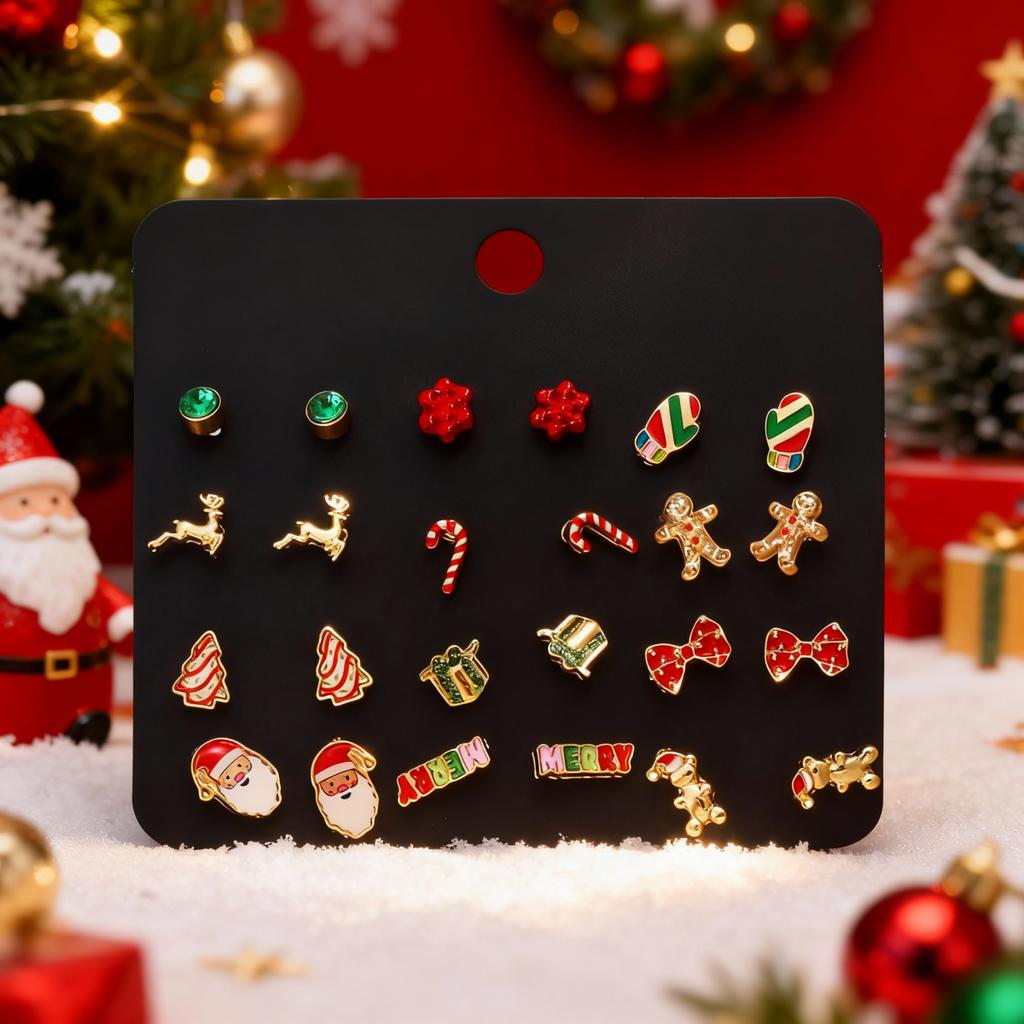 12Pairs/Set Christmas Santa Claus Gift Box Snowflake Tree Deer Gingerbread Crutch Bow Stud Earrings For Women Men Party Jewelry