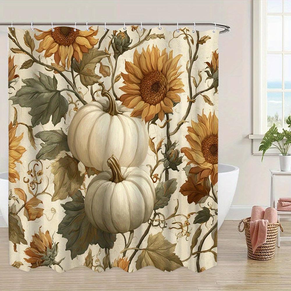 1Pc Extra Large Autumn Shower Curtain - Elegant Floral Bathroom Decor With Sunflowers, Pumpkins, Beige/Orange/White/ Green