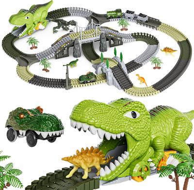 Dinozor Oyuncak Yarış Pisti: 281 adet, Esnek Demiryolları, 4 Dinozor, Işıklı 2 Elektrikli Yarış Arabası. 3-6 Yaş Çocuklar İçin Hediye