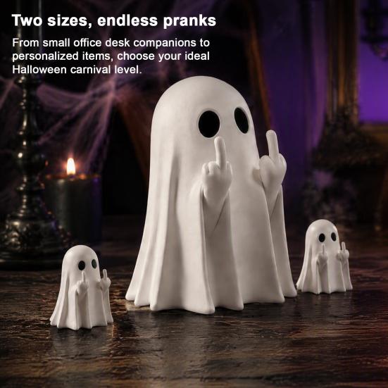 Small Haunted House Props Mini Ghost Flipping Middle Finger Figurines for Halloween Decorations, Miniature Resin Office Shelf Ornaments Statue Tiered