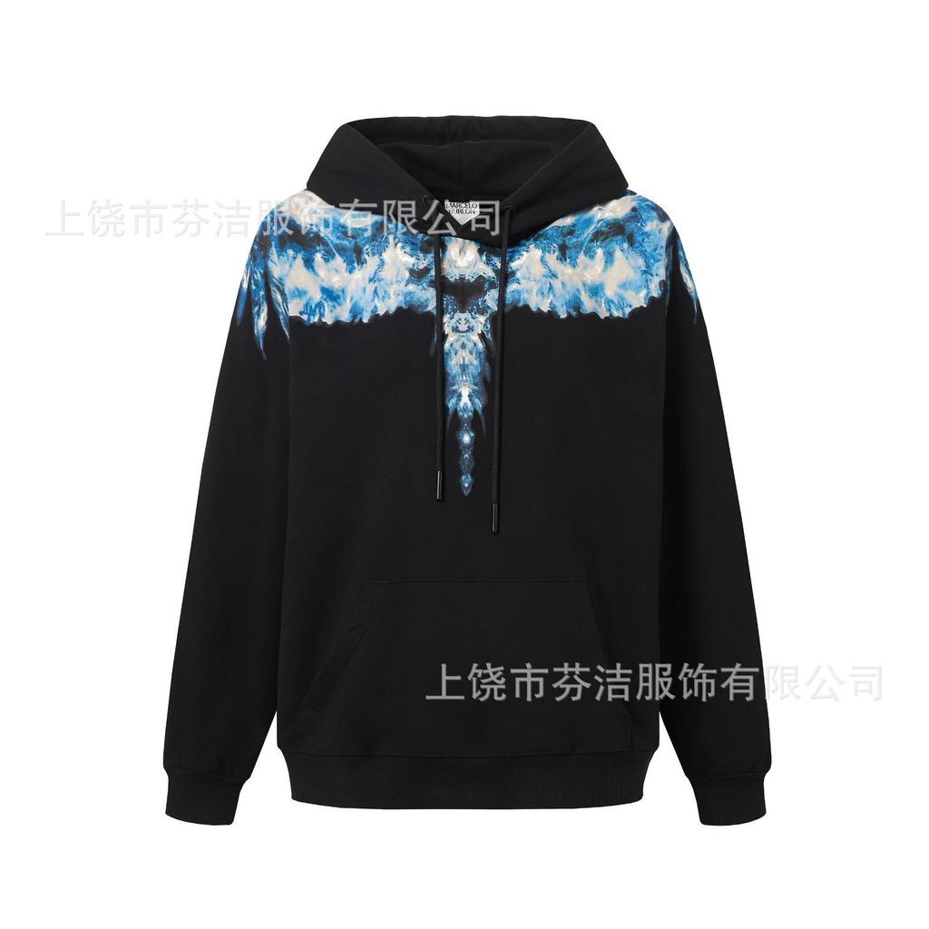 American street lightning wing print jacket men's and women's autumn and winter black loose shoulder heavy trendy hooded top