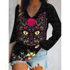 Cute Leaves Cat Graphic 3D Print Long Sleeve T-Shirt Autumn Casual V-Neck Top Polyester Breathable Women's Fashion Apparel