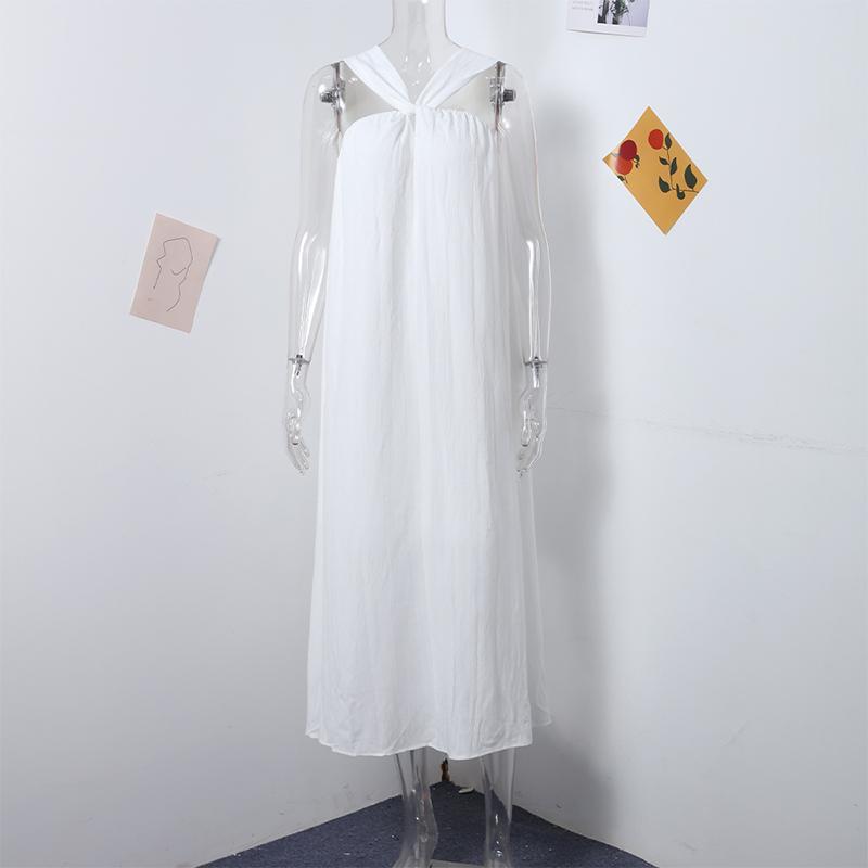White Halter Dress Loose Off Shoulder Solid Color Causal Sleeveless Dresses Women's Vacation Beach Robe Simple Daily 2025 Summer
