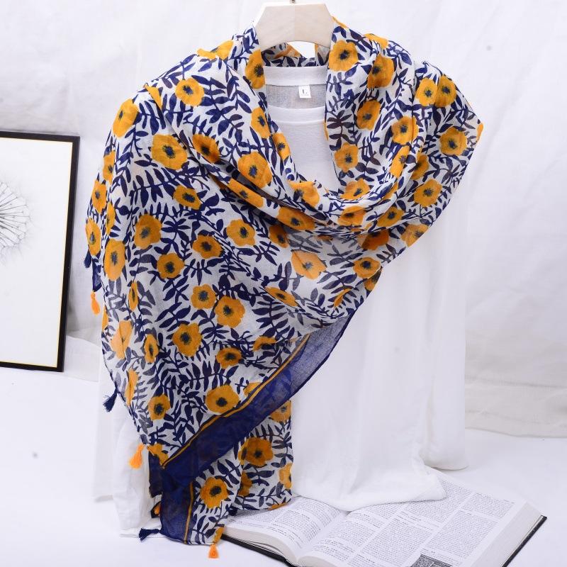 Ethnic Style Blue and White Porcelain Cotton and Linen Scarf, Women's Artistic Shawl, Travel Sunscreen Scarf, Office Shawl
