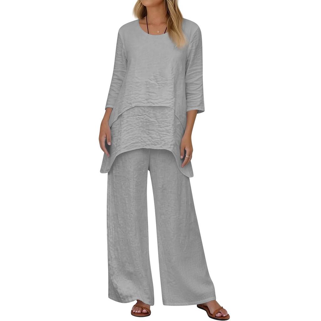 Women's 2-Piece Set: Stylish Casual Round-Neck Loose-Fit Top + Wide-Leg Pants