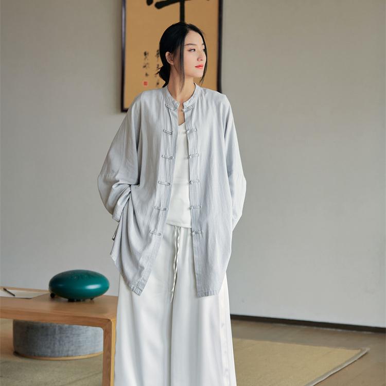 

Women s Vintage Loose Shirts Chinese Style Tops Stand Long Sleeve Button Solid Color Blouses Spring Linen Shirt Women s Sun Protection Cardigan Shirt One Size сірий