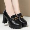 Soft Leather Black Shoe Woman Block Pumps 2025 Thick Bottom Platform Shoes Model Office Work 6.5 Cm 8 Cm High Heels Grace