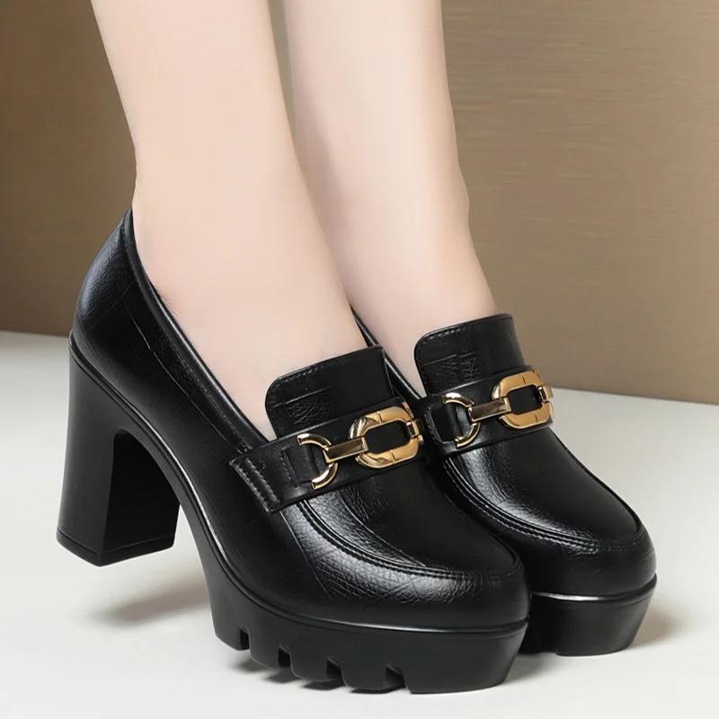 Soft Leather Black Shoe Woman Block Pumps 2025 Thick Bottom Platform Shoes Model Office Work 6.5 Cm 8 Cm High Heels Grace