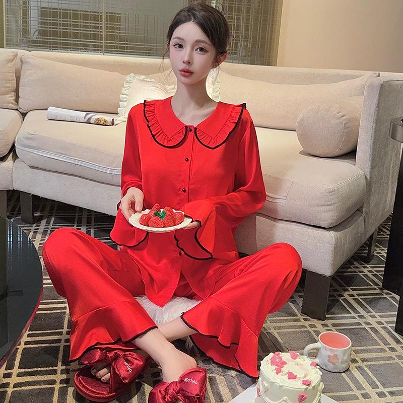 High-end Ice Silk Pajamas Women's Summer New Long-sleeved Trousers Doll Collar Set Korean Version of Ice and Snow Silk Women's Loungewear