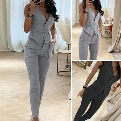 2 sztuk/zestaw kobiety kamizelka zestaw spodni krawat w talii styl OL bez rękawów Slim Fit dojazdy urząd Lady kobiety strój na lato ubrania damskie