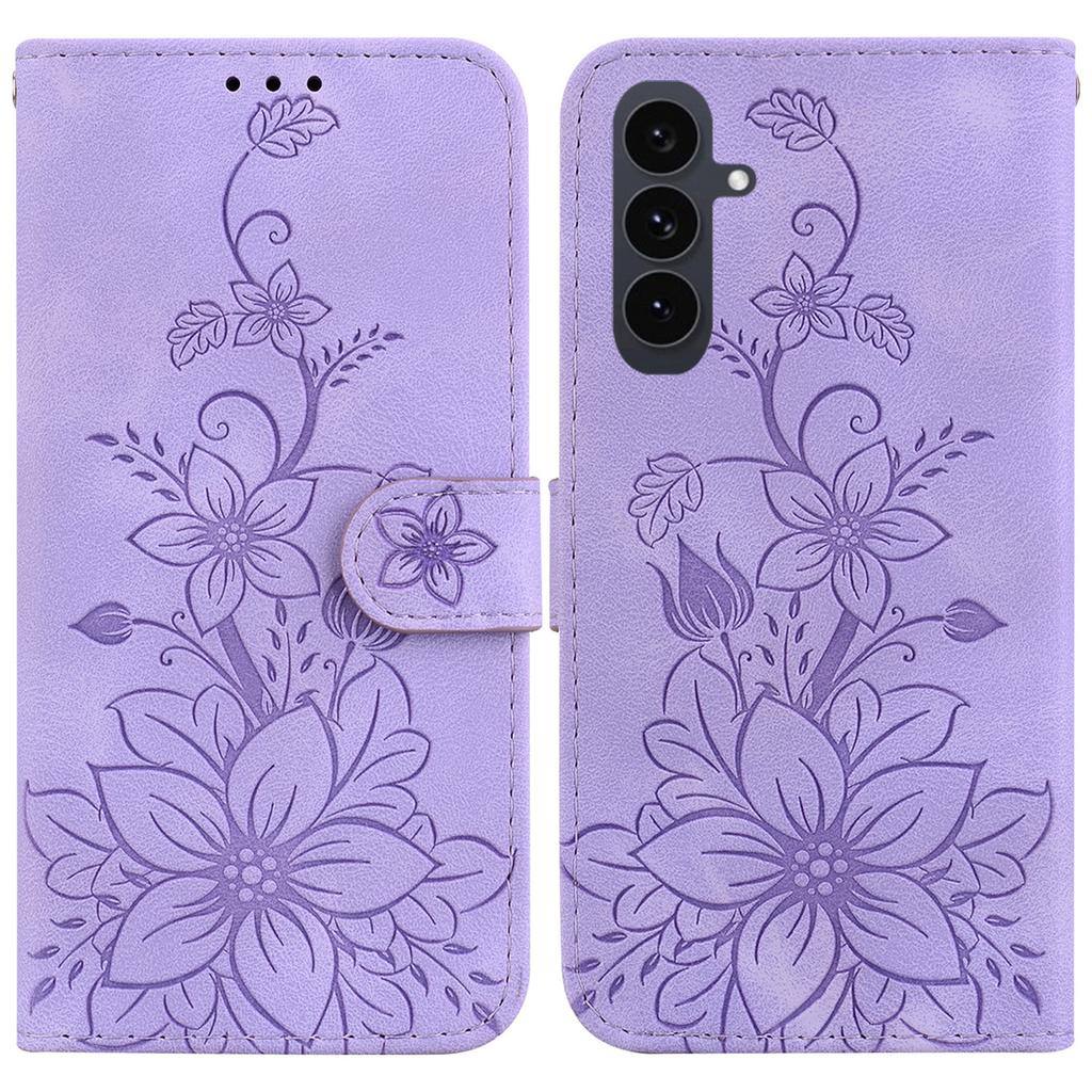 For Samsung Galaxy S25 FE Stand Case Lily Flower Imprint Leather Phone Cover with Wrist Strap