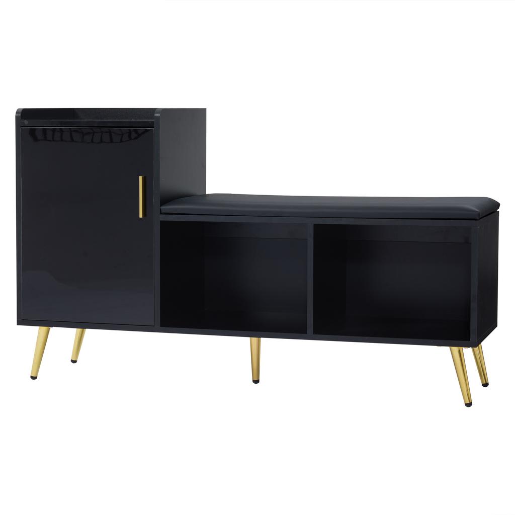 (=N625P235824B) Black High-Gloss Entrance Shoe Cabinet, Multi-Tier Shelf with Padded Seat, Shoe Changing Bench Gold Accessories for Entrance
