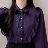 Women's Spring College Style Pearl Button Bow Ruffle Collar Blouse