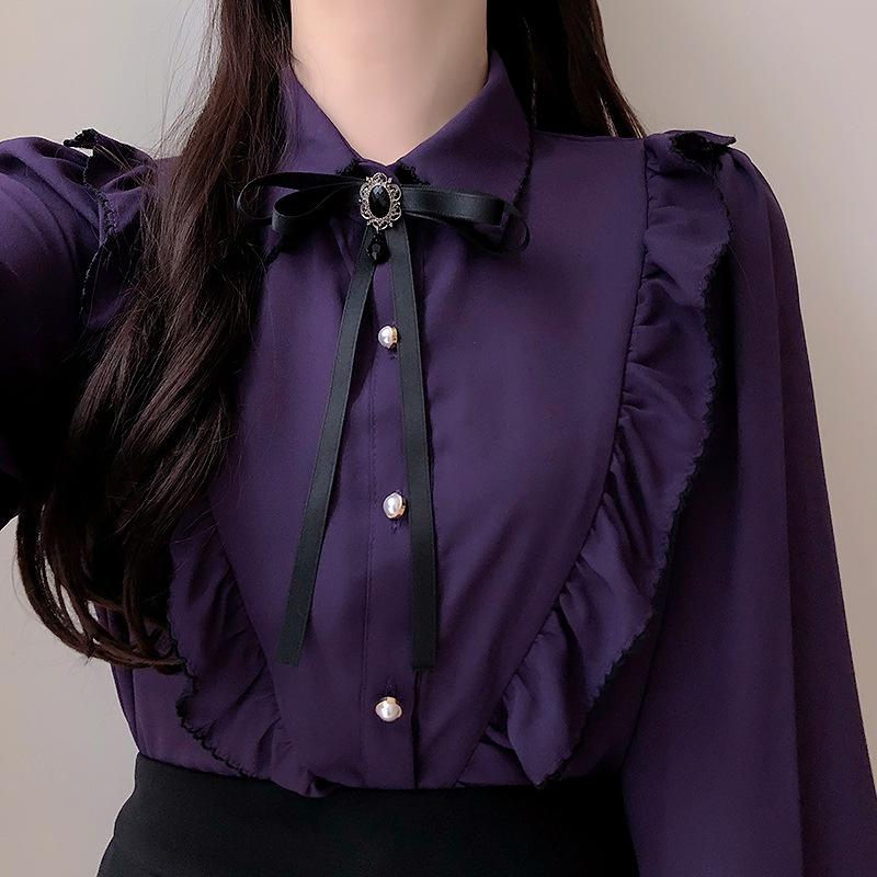 Women's Spring College Style Pearl Button Bow Ruffle Collar Blouse