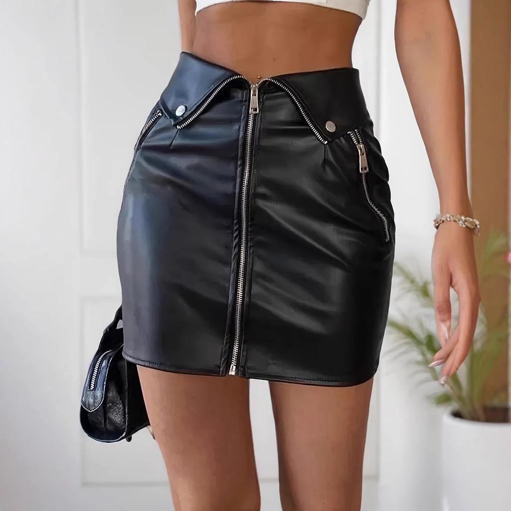 Women's fashion and sexy skirt, metal zipper high waist PU leather mini hip skirt