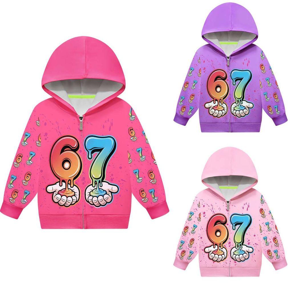 Kids Girls Steal a Brainrot 67 Printed Fashion Hooded Zipper Long Sleeves Jacket
