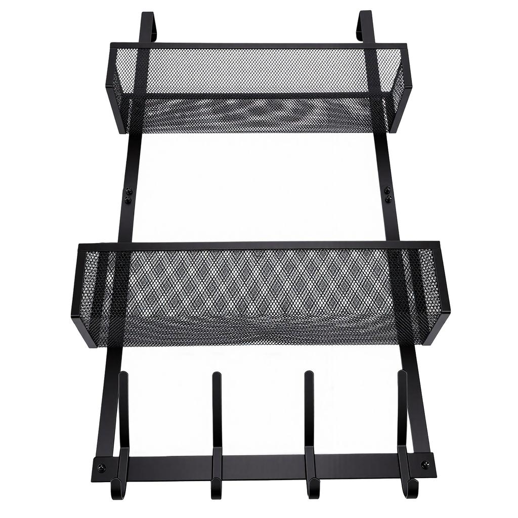 Adjustable Over The Door Hooks Organizer Metal Hanger Storage Rack with 2 Mesh Basket and Coat Hooks for Bathroom