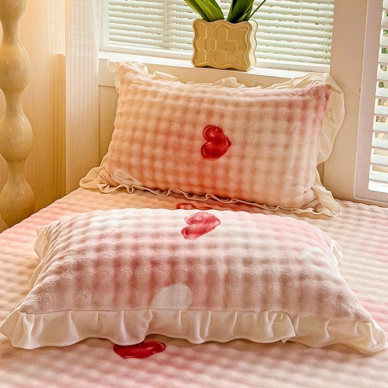Bubble Milk Velvet Pillowcase Pair Set Lace Pillow Cover Thickened Warm Pillow Core Cover Pillow Skin with Velvet