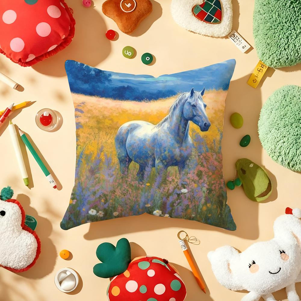 Oil Painting Horse Cushion Cover Plush Fabric Soft Double-Sided Printed Sofa Warm Winter Home Gift Pillow Cover