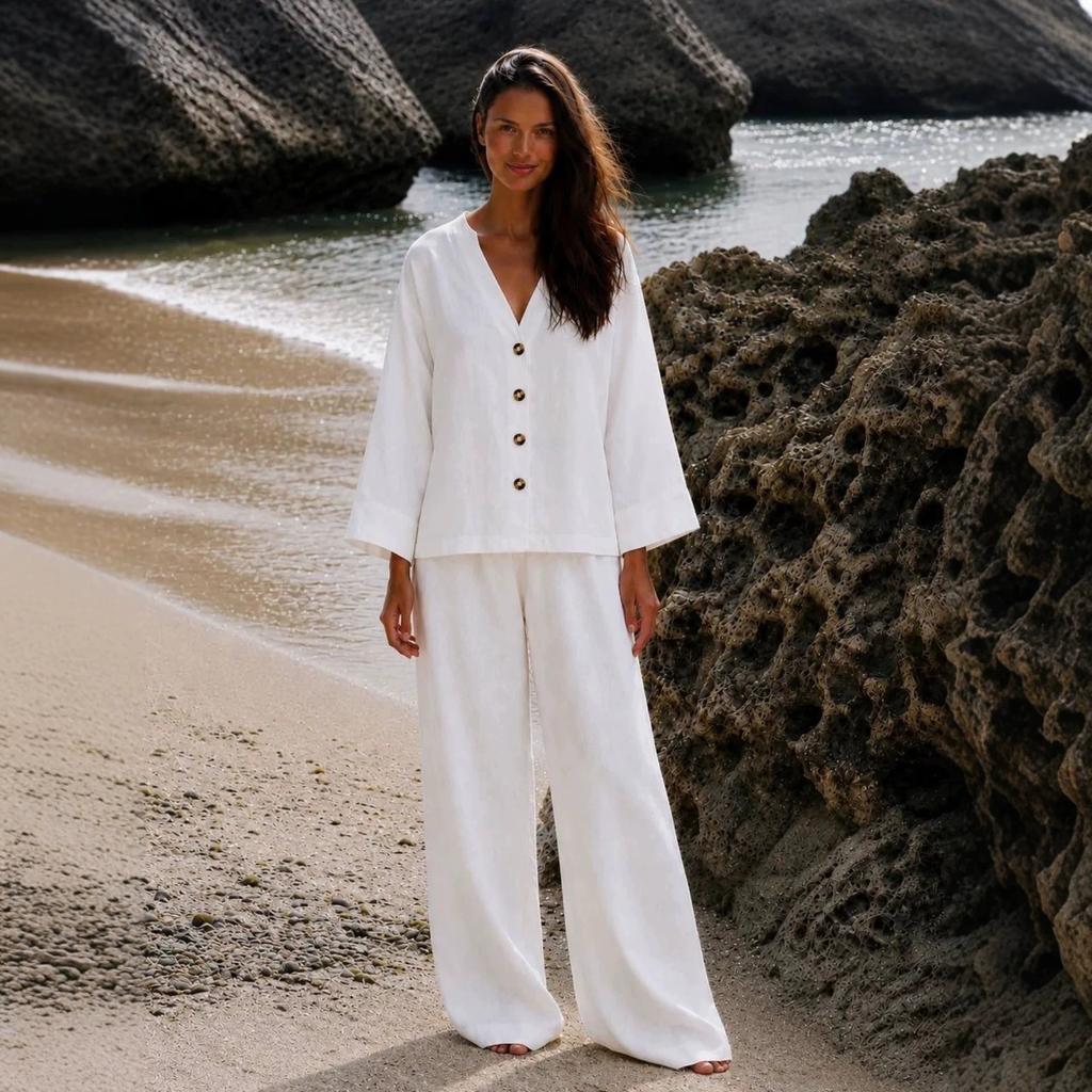 Women's Summer New European and American V-neck Wooden Button Loose Long-sleeve Top, Elastic Waist Wide-leg Pants Two-piece Set
