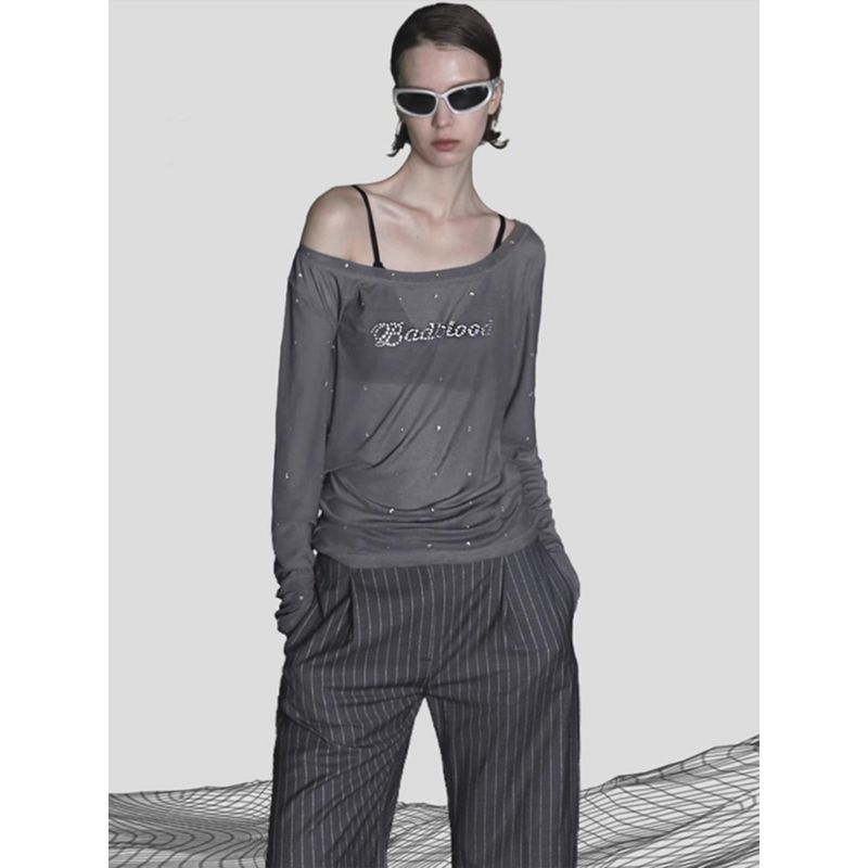 Badblood American Sexy Hot Drilling Mesh T-shirt Female Sheer Long Sleeve Sexy off-the-Shoulder Casual Niche Top