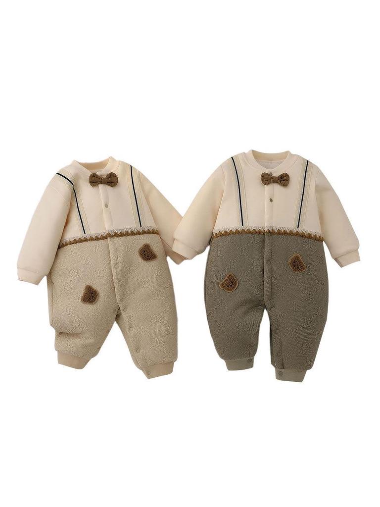 Gentleman Teddy Bear Quilted Baby Romper - 120g Cotton-Padded, No-Bone Bodysuit for Autumn/Winter, Thickened Crawling Suit