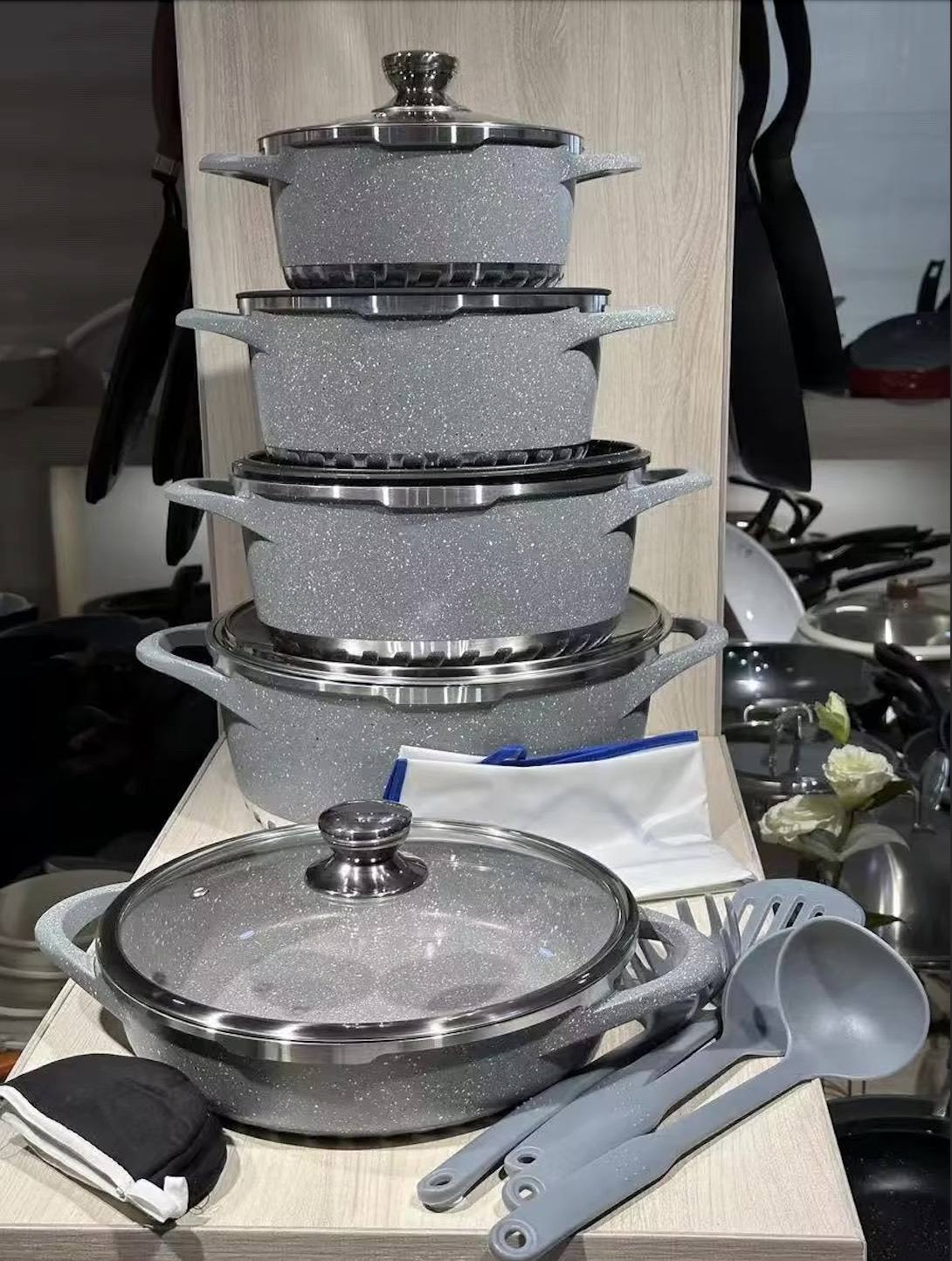 Granite Cookware Set Gray 17PCS Non Stick Die Casting Aluminum Duty Heavy Gadget Kit