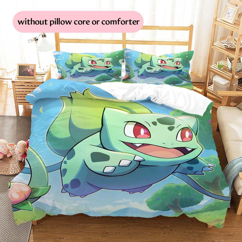 Pokémon Bulbasaur Pattern Bedding Home Decoration Birthday Gift (1 * Duvet Cover + 2 * Pillowcase, Without Core)