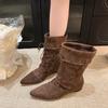 Suede Leather Pointed Toe Ankle Boots Drawstring Design Pleated Fashion Height Increasing Women Boots Western Cowboy Boots 2025