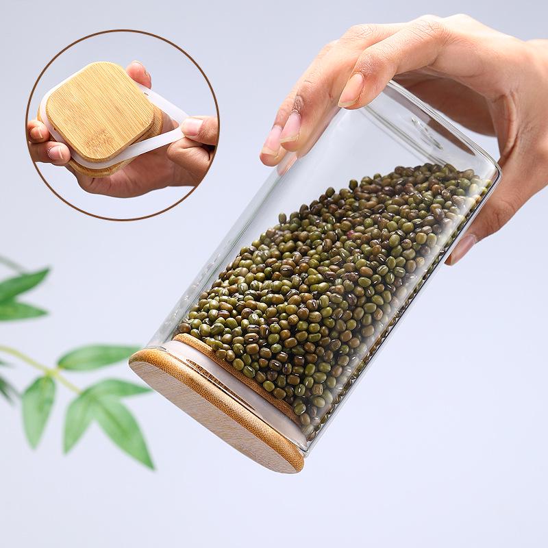 Transparent Glass Storage Jar for Grains & Dried Fruits - Large Capacity, Square & Sealed, Food-Grade Quality.