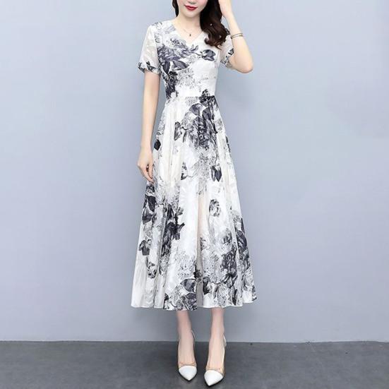 Women's Summer Flowy Chiffon Maxi Dress Casual Short Sleeve V Neck Long Dress Boho Floral Beach Sundress