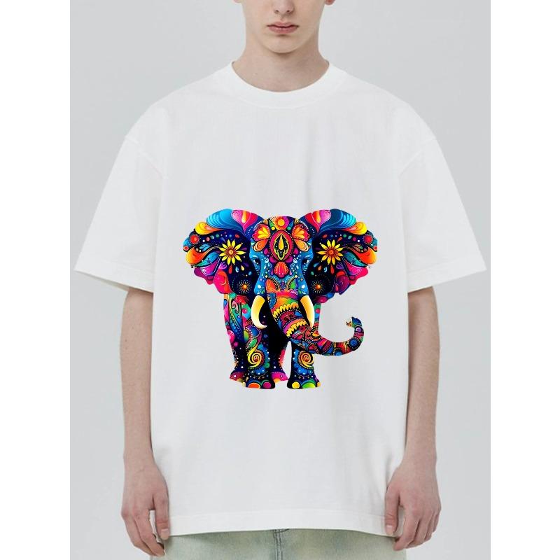 Colorful Elephant Pattern T Shirt Black Psychedelic Animal Print Unisex Casual Wear For Men Women Streetwear Fashion Top