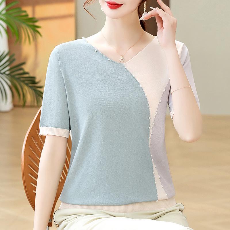 Ice Silk V-neck Summer T-shirt for Mothers and Elderly Women - Loose, Short-sleeved Knit Top