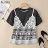 ZANZEA Women Casual Round Neck Lace Patchwork Summer Short Sleeve T-Shirt
