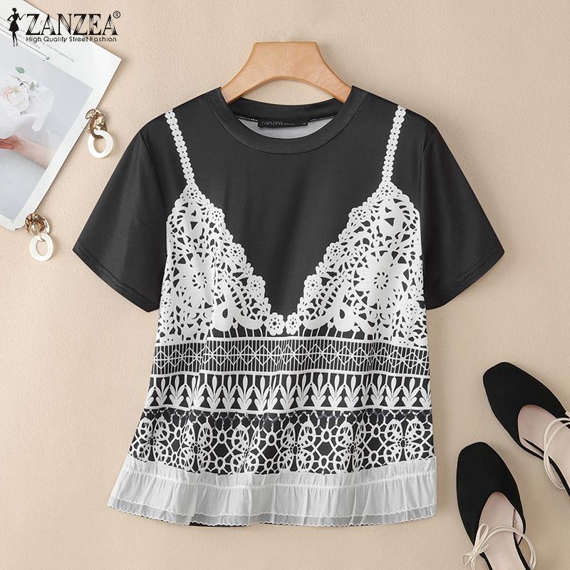ZANZEA Women Casual Round Neck Lace Patchwork Summer Short Sleeve T-Shirt