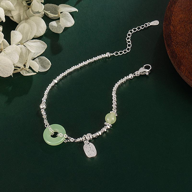 Bracelet Women Give Girlfriends Birthday Gifts, National Style Retro Design Raw Imitation Chalcedony Safety Buckle Broken Silver Niche Jade