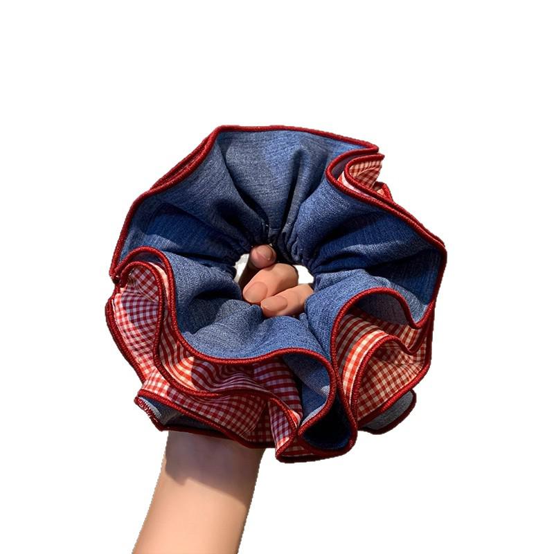 Korean Style Red & Blue Plaid Scrunchie – Women's Large Bun Hair Accessory