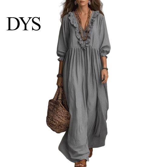 Quarter Sleeve Dress Women Summer Long Dress, 3/4 Ruffle V Neck Slimming Maxi Casual Loose Fit Flowy Beach Vacation Sundress