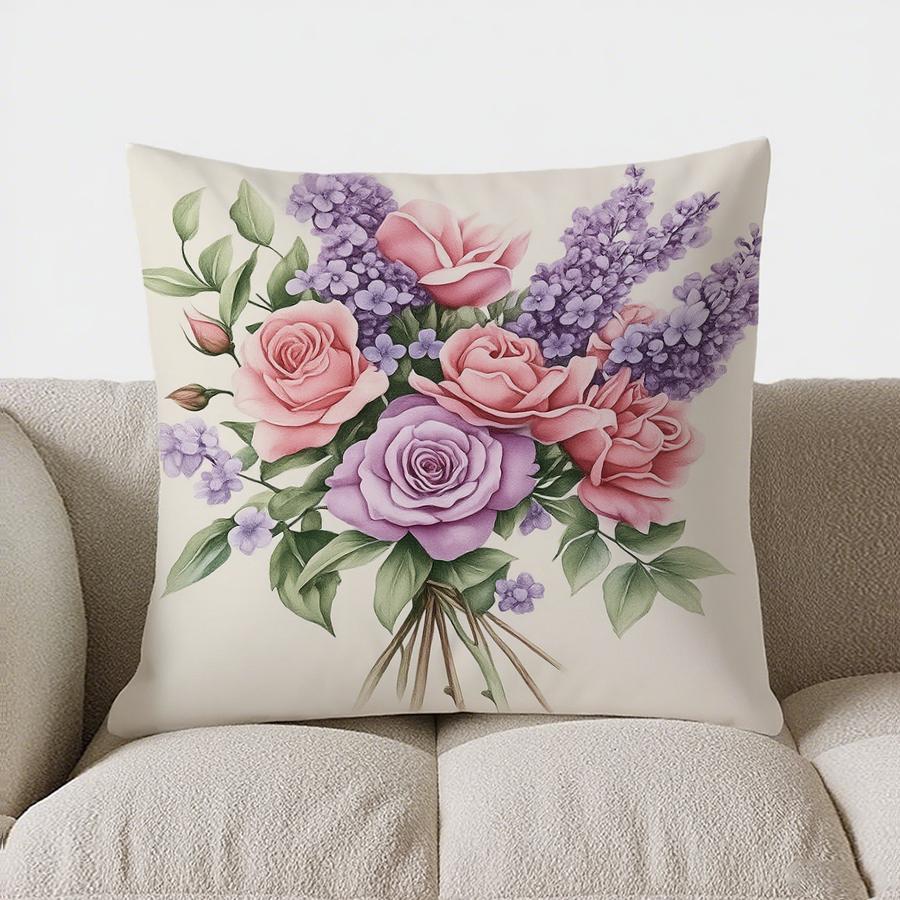 Home Decor Floral Peony Pillow Cover With Purple Blooms Pattern Cushion Cover Suitable For Sofa Bedroom Car Pillow Cover