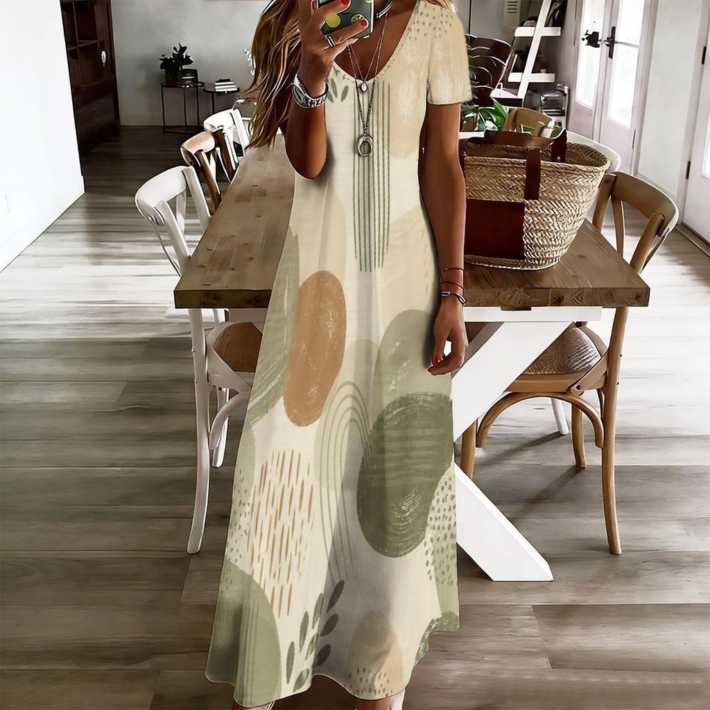 Women Plus Size V Neck Short Sleeve Printed Straight Maxi Dress