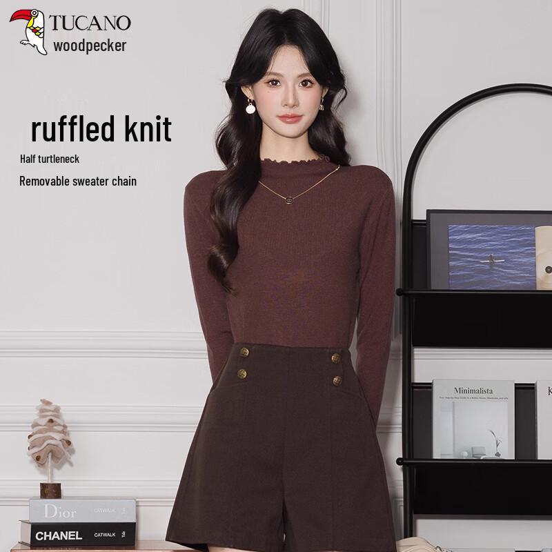 

Women s Mock Neck Ruffle Trim Knit Pullover One Size