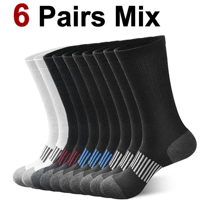 6 Pairs Men Basketball Sports Socks Fashionable Black White Color Sweat Absorbing Breathable Comfortable Leisure Running Socks